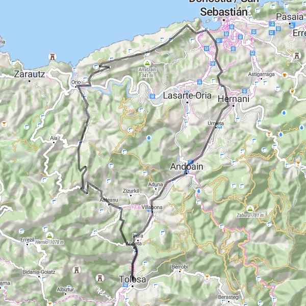 Map miniature of "Tolosa Road Escape" cycling inspiration in País Vasco, Spain. Generated by Tarmacs.app cycling route planner