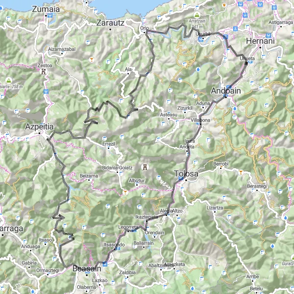 Miniatua del mapa de inspiración ciclista "Ruta exigente en bicicleta de carretera desde Urnieta" en País Vasco, Spain. Generado por Tarmacs.app planificador de rutas ciclistas