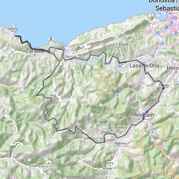 Map miniature of "Murkulluts to Lasarte-Oria" cycling inspiration in País Vasco, Spain. Generated by Tarmacs.app cycling route planner