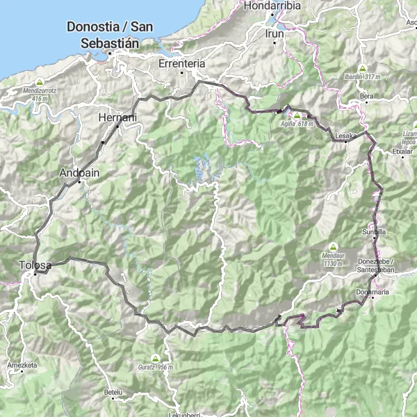 Miniature de la carte de l'inspiration cycliste "L'Épopée des Cols Basques" dans la País Vasco, Spain. Générée par le planificateur d'itinéraire cycliste Tarmacs.app