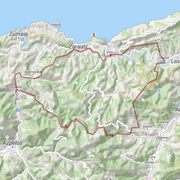 Miniatua del mapa de inspiración ciclista "Ruta de Gravel Zarateaitz - Asteasu - Aizarna - Ertxiña - Indamendi - Zarautz - Orio - Arratzain" en País Vasco, Spain. Generado por Tarmacs.app planificador de rutas ciclistas