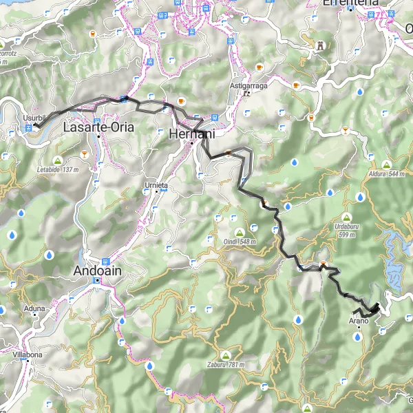 Miniaturní mapa "Kolo okolo Usurbilu - Lasarte-Oria, Oriamendi, Mendaratz, Arano, Aritzmendi, Txikierdi" inspirace pro cyklisty v oblasti País Vasco, Spain. Vytvořeno pomocí plánovače tras Tarmacs.app