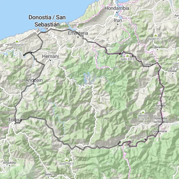 Miniaturní mapa "Road to Donostia - Baskická silnice k moři" inspirace pro cyklisty v oblasti País Vasco, Spain. Vytvořeno pomocí plánovače tras Tarmacs.app