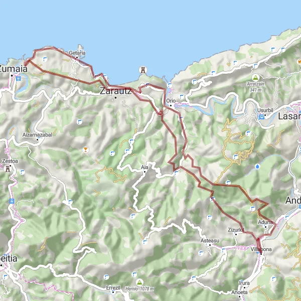 Map miniature of "Aduna and Orio Gravel Route" cycling inspiration in País Vasco, Spain. Generated by Tarmacs.app cycling route planner