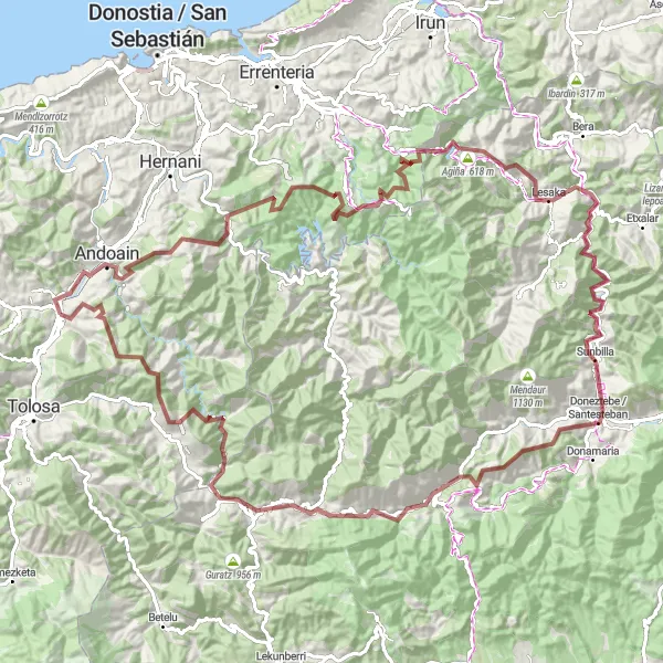 Map miniature of "Villabona to Sunbilla Gravel Cycling Adventure" cycling inspiration in País Vasco, Spain. Generated by Tarmacs.app cycling route planner