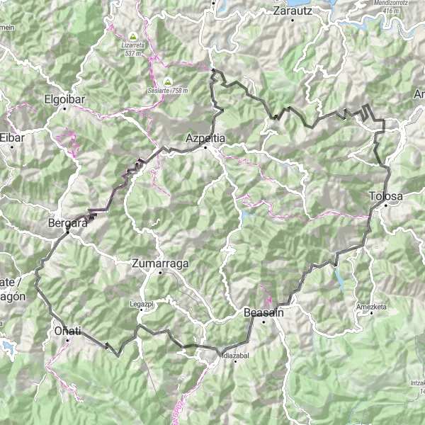 Miniaturní mapa "Road Adventure to Zestoa" inspirace pro cyklisty v oblasti País Vasco, Spain. Vytvořeno pomocí plánovače tras Tarmacs.app