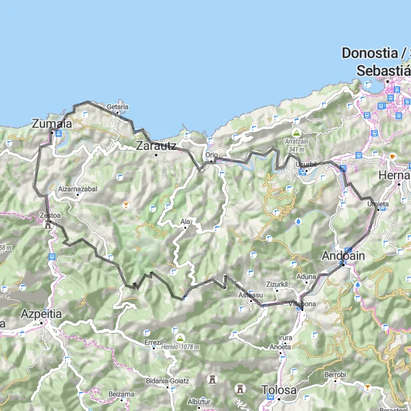 Map miniature of "Zizurkil and Beyond" cycling inspiration in País Vasco, Spain. Generated by Tarmacs.app cycling route planner