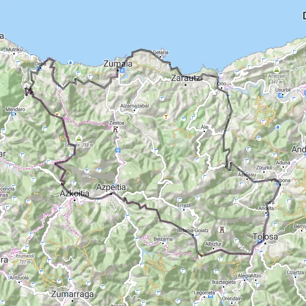 Miniatura della mappa di ispirazione al ciclismo "Avventura epica nei monti baschi" nella regione di País Vasco, Spain. Generata da Tarmacs.app, pianificatore di rotte ciclistiche