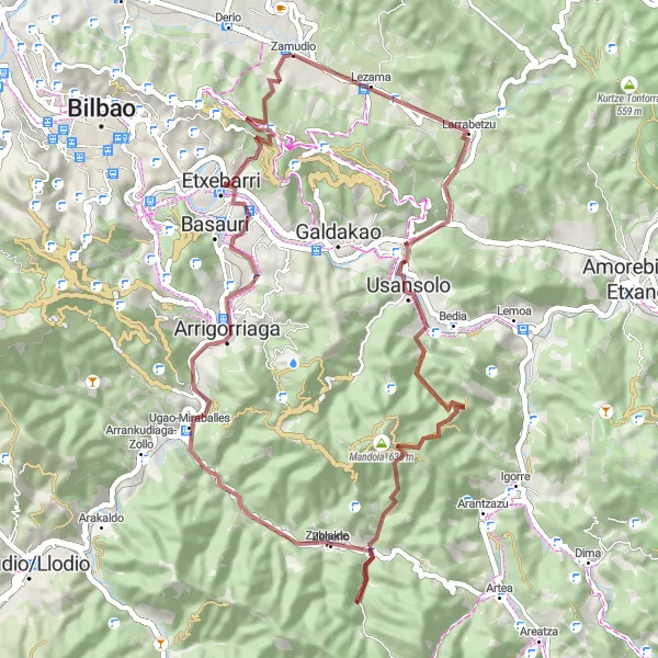 Miniatura della mappa di ispirazione al ciclismo "Tour in bicicletta tra Zamudio e Otalarre" nella regione di País Vasco, Spain. Generata da Tarmacs.app, pianificatore di rotte ciclistiche