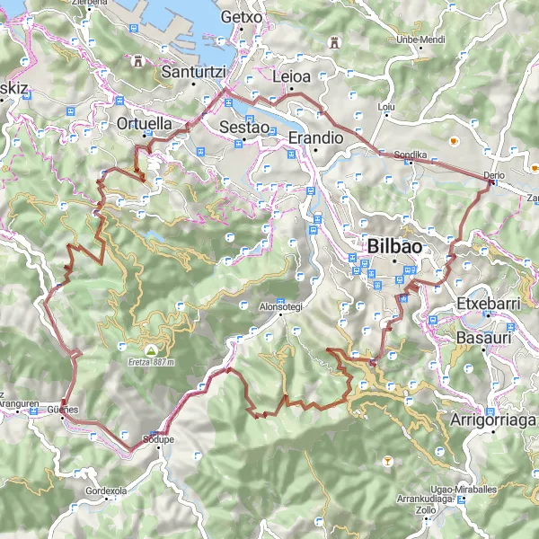 Miniatura della mappa di ispirazione al ciclismo "Giro in gravel da Begoña a Gorondagana" nella regione di País Vasco, Spain. Generata da Tarmacs.app, pianificatore di rotte ciclistiche