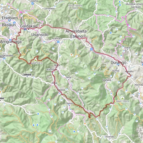 Miniaturní mapa "Gravelová trasa s výstupem 1965 m a vzdáleností 82 km" inspirace pro cyklisty v oblasti País Vasco, Spain. Vytvořeno pomocí plánovače tras Tarmacs.app