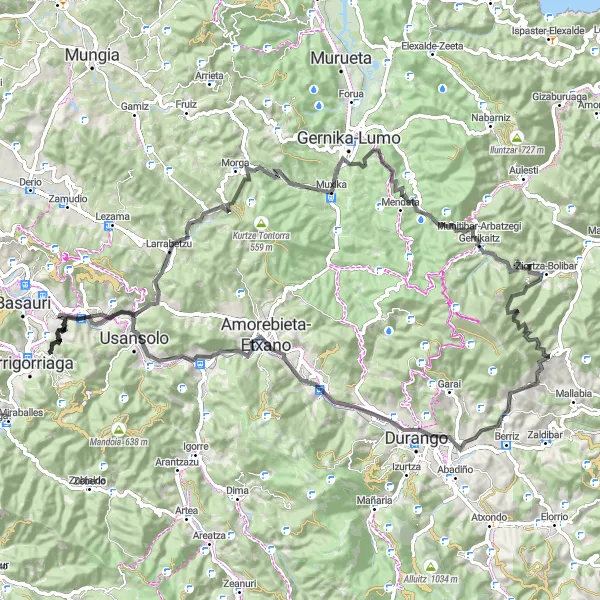 Miniatura della mappa di ispirazione al ciclismo "Percorso in bicicletta su strada da Zaratamo" nella regione di País Vasco, Spain. Generata da Tarmacs.app, pianificatore di rotte ciclistiche