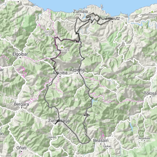 Map miniature of "Zarautz to Zumarraga Loop" cycling inspiration in País Vasco, Spain. Generated by Tarmacs.app cycling route planner