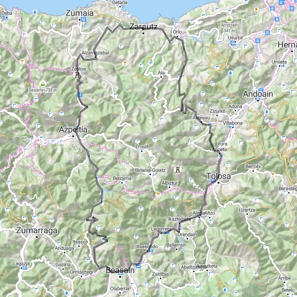 Map miniature of "Zarautz to Tolosa Loop" cycling inspiration in País Vasco, Spain. Generated by Tarmacs.app cycling route planner