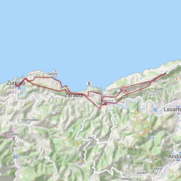 Miniature de la carte de l'inspiration cycliste "Itinéraire de vélo tout-terrain autour de Zumaia" dans la País Vasco, Spain. Générée par le planificateur d'itinéraire cycliste Tarmacs.app