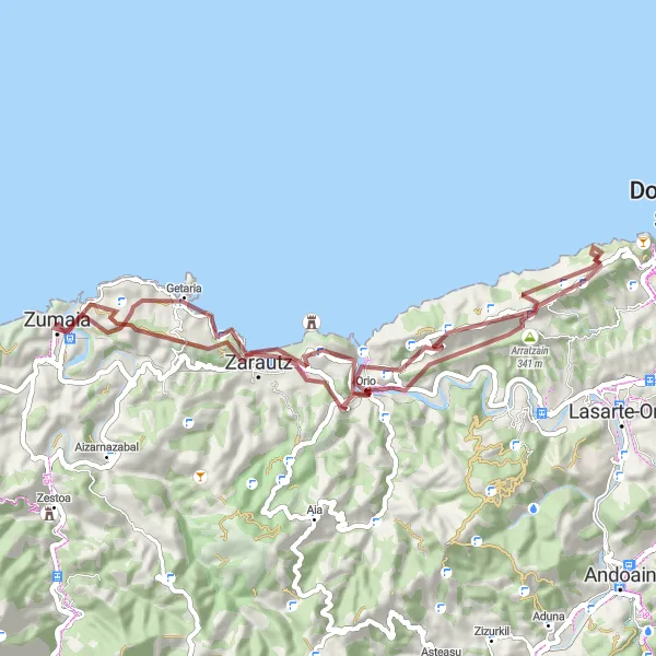 Miniature de la carte de l'inspiration cycliste "Circuit de vélo en gravier autour de Zumaia" dans la País Vasco, Spain. Générée par le planificateur d'itinéraire cycliste Tarmacs.app