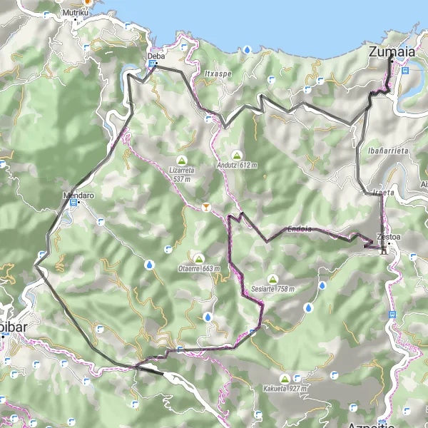 Miniature de la carte de l'inspiration cycliste "Parcours cycliste routier autour de Zumaia" dans la País Vasco, Spain. Générée par le planificateur d'itinéraire cycliste Tarmacs.app