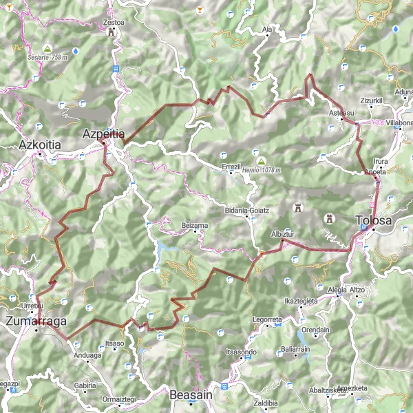Miniatura mapy "Rowerowa trasa grawelowo-wiejska w okolicach Zumarraga" - trasy rowerowej w País Vasco, Spain. Wygenerowane przez planer tras rowerowych Tarmacs.app