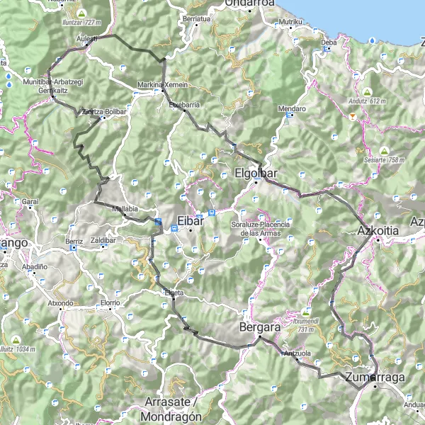 Miniatura della mappa di ispirazione al ciclismo "Giro in bicicletta da Zumarraga" nella regione di País Vasco, Spain. Generata da Tarmacs.app, pianificatore di rotte ciclistiche