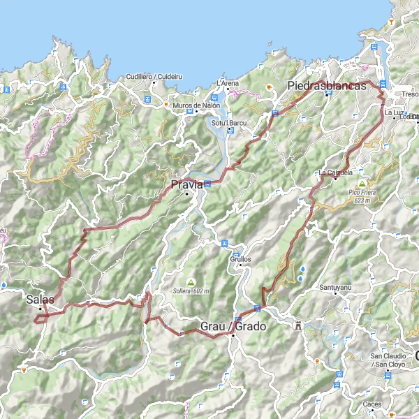 Miniatura della mappa di ispirazione al ciclismo "Sfida tra le montagne" nella regione di Principado de Asturias, Spain. Generata da Tarmacs.app, pianificatore di rotte ciclistiche