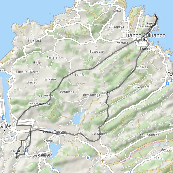 Miniatua del mapa de inspiración ciclista "Ruta de Avilés a Llanera" en Principado de Asturias, Spain. Generado por Tarmacs.app planificador de rutas ciclistas