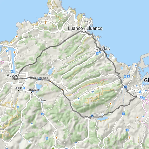Miniatua del mapa de inspiración ciclista "Ruta de Ciclismo en Carretera desde Avilés a través de Luanco, Mirador de Pilatos y Tresona" en Principado de Asturias, Spain. Generado por Tarmacs.app planificador de rutas ciclistas
