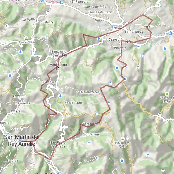 Map miniature of "Blimea-Martimporra-Nava-Piloñeta-PicoMedio-Carrio" cycling inspiration in Principado de Asturias, Spain. Generated by Tarmacs.app cycling route planner