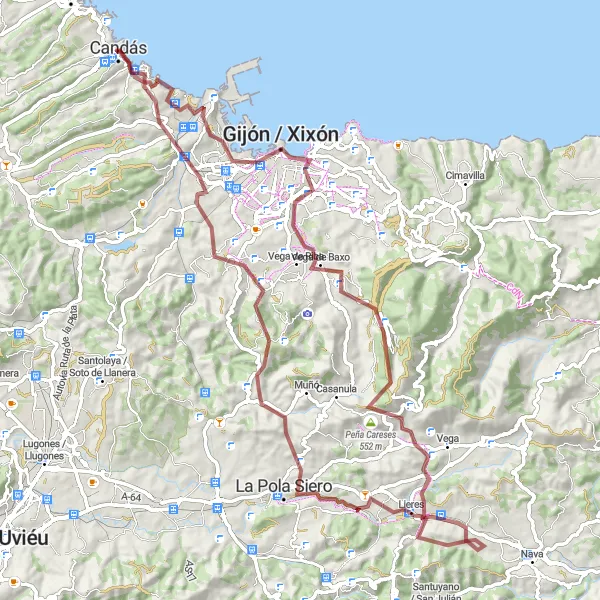 Map miniature of "Gravel Adventure to Playa de Poniente" cycling inspiration in Principado de Asturias, Spain. Generated by Tarmacs.app cycling route planner