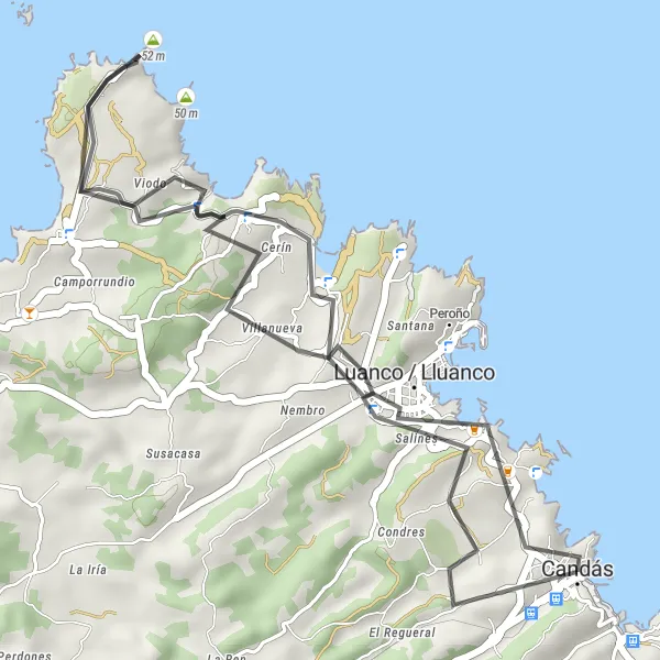 Miniatua del mapa de inspiración ciclista "Ruta en Bicicleta de Carretera por Candás" en Principado de Asturias, Spain. Generado por Tarmacs.app planificador de rutas ciclistas