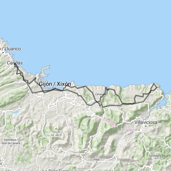 Miniatura della mappa di ispirazione al ciclismo "Giro in bici da Candás a Ciudadela de Celestino Solar" nella regione di Principado de Asturias, Spain. Generata da Tarmacs.app, pianificatore di rotte ciclistiche