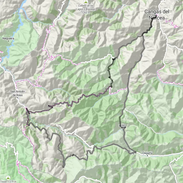 Miniatura della mappa di ispirazione al ciclismo "Giro in bicicletta da Cangas del Narcea a Vilares d' Abaxo" nella regione di Principado de Asturias, Spain. Generata da Tarmacs.app, pianificatore di rotte ciclistiche