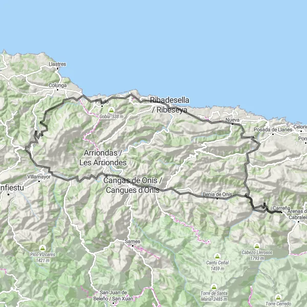 Miniatua del mapa de inspiración ciclista "Ruta de Ciclismo Carreña - Berodia - La Cuestona - Cangas de Onís - Mirador del Puente Romano - Podium Vencedores del Sella - Ribadesella - Nueva - Meré - El Táranu" en Principado de Asturias, Spain. Generado por Tarmacs.app planificador de rutas ciclistas