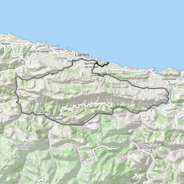 Karten-Miniaturansicht der Radinspiration "Rundfahrt von Carreña nach Llanes und zurück" in Principado de Asturias, Spain. Erstellt vom Tarmacs.app-Routenplaner für Radtouren