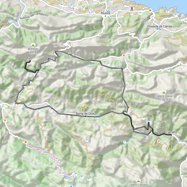 Miniatuurkaart van de fietsinspiratie "Cyclingroute van Carreña" in Principado de Asturias, Spain. Gemaakt door de Tarmacs.app fietsrouteplanner