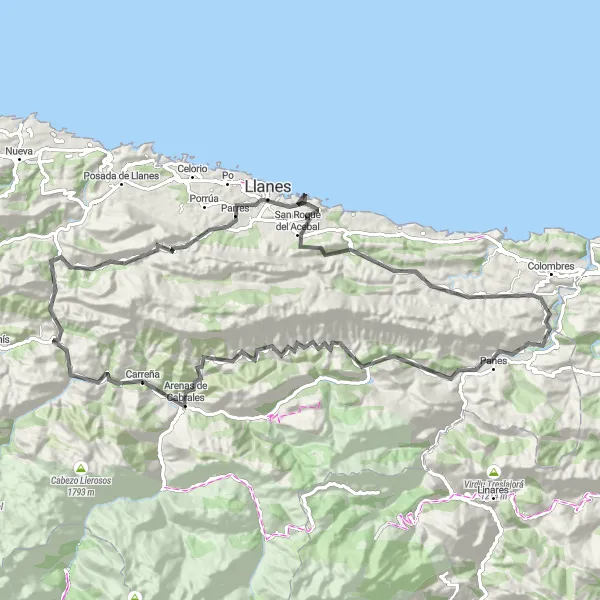 Miniature de la carte de l'inspiration cycliste "Le tour de Llanes" dans la Principado de Asturias, Spain. Générée par le planificateur d'itinéraire cycliste Tarmacs.app