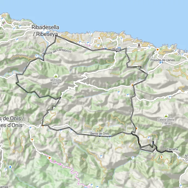 Miniature de la carte de l'inspiration cycliste "Tour de Carreña - Pico Mediudía" dans la Principado de Asturias, Spain. Générée par le planificateur d'itinéraire cycliste Tarmacs.app