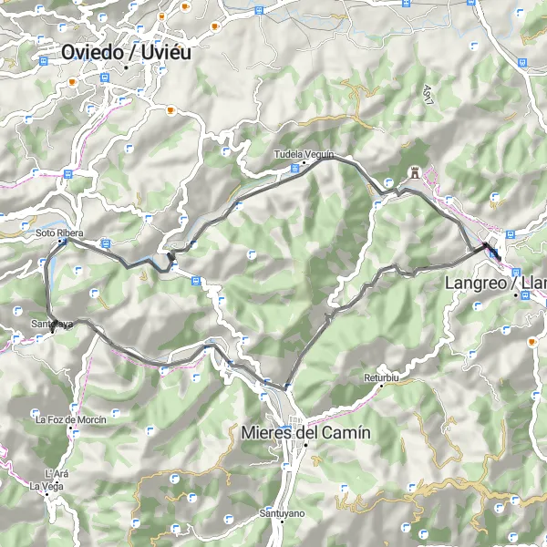 Miniature de la carte de l'inspiration cycliste "Route de 45 km autour de Castandiello" dans la Principado de Asturias, Spain. Générée par le planificateur d'itinéraire cycliste Tarmacs.app