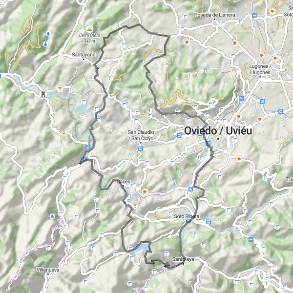 Map miniature of "Castandiello - Montero - El Cantayu - Trubia - Pico Prieto - Peña Llampaya - Picu Llera - Santolaya" cycling inspiration in Principado de Asturias, Spain. Generated by Tarmacs.app cycling route planner