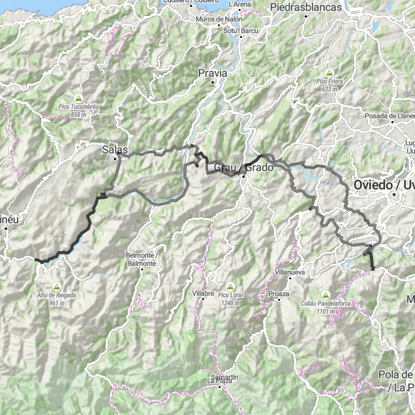 Miniatura della mappa di ispirazione al ciclismo "Scoperta delle Montagne di Asturias" nella regione di Principado de Asturias, Spain. Generata da Tarmacs.app, pianificatore di rotte ciclistiche