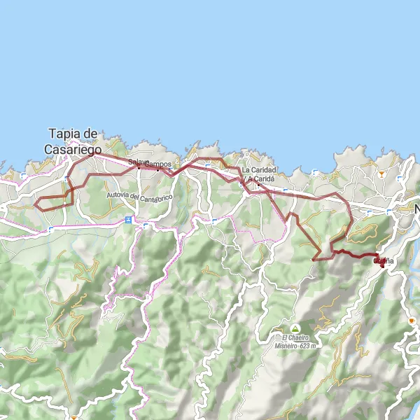 Miniatura della mappa di ispirazione al ciclismo "Tra La Caridad e Cuaña su strade sterrate" nella regione di Principado de Asturias, Spain. Generata da Tarmacs.app, pianificatore di rotte ciclistiche