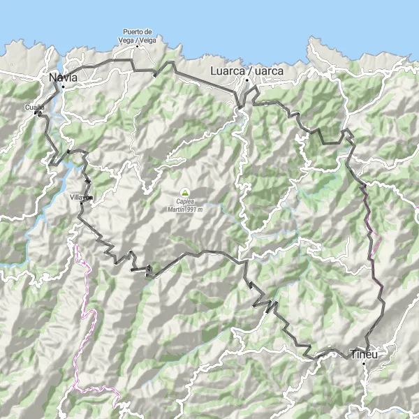 Miniatua del mapa de inspiración ciclista "Ruta Ciclista Coaña - Distrito de Valdedo - Navia - Ruta de Ciclismo por Carretera de 139 km" en Principado de Asturias, Spain. Generado por Tarmacs.app planificador de rutas ciclistas