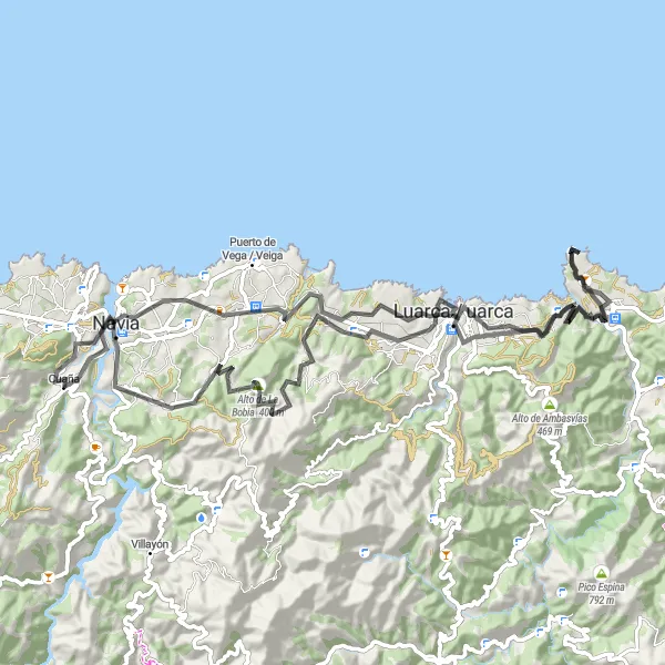 Miniatua del mapa de inspiración ciclista "Ruta en bicicleta de carretera desde Coaña" en Principado de Asturias, Spain. Generado por Tarmacs.app planificador de rutas ciclistas