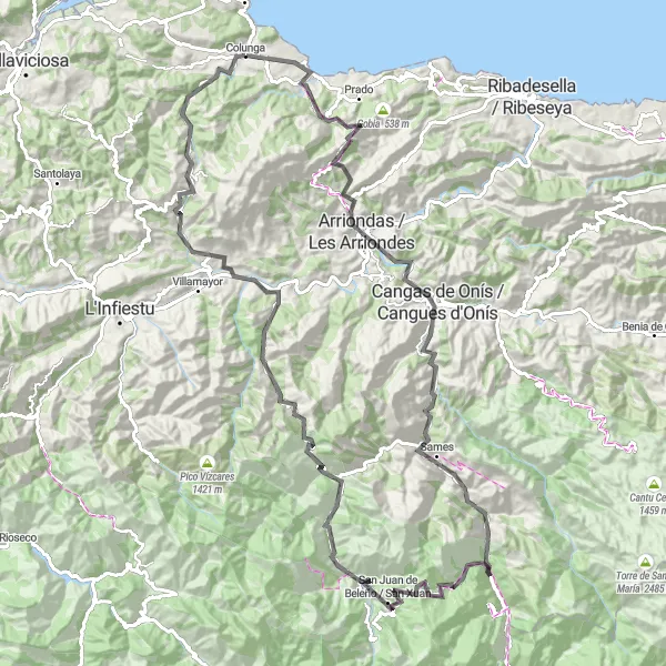 Miniaturní mapa "Okružní cyklotrasa z Colungy přes Arriondas až do Peña Fornorio" inspirace pro cyklisty v oblasti Principado de Asturias, Spain. Vytvořeno pomocí plánovače tras Tarmacs.app