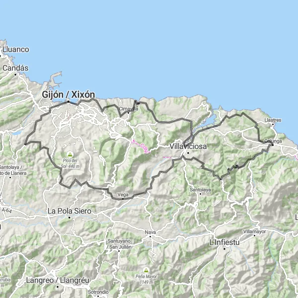 Miniatura della mappa di ispirazione al ciclismo "Giro in bicicletta attraverso le montagne e il mare" nella regione di Principado de Asturias, Spain. Generata da Tarmacs.app, pianificatore di rotte ciclistiche