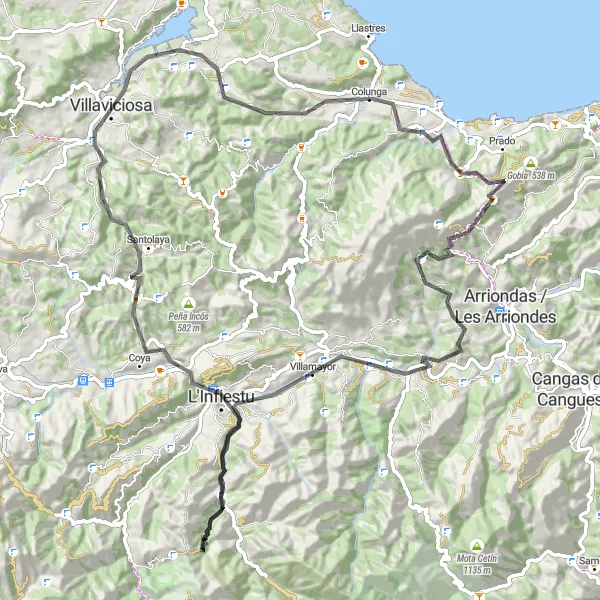 Miniatura della mappa di ispirazione al ciclismo "Lungo giro in bicicletta attraverso l'Asturias" nella regione di Principado de Asturias, Spain. Generata da Tarmacs.app, pianificatore di rotte ciclistiche