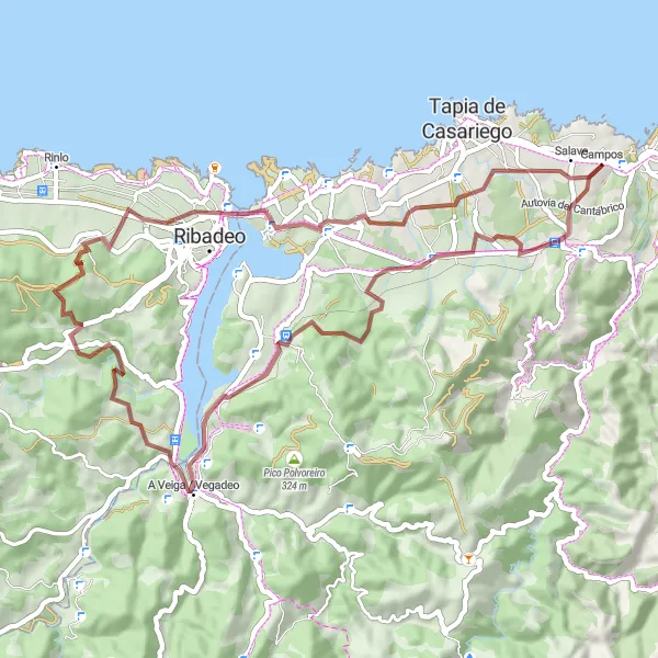 Miniature de la carte de l'inspiration cycliste "La boucle de Campoxurado" dans la Principado de Asturias, Spain. Générée par le planificateur d'itinéraire cycliste Tarmacs.app