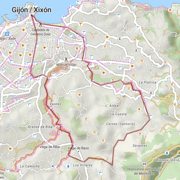 Miniatura della mappa di ispirazione al ciclismo "Strada costiera verso Ciudadela de Celestino Solar" nella regione di Principado de Asturias, Spain. Generata da Tarmacs.app, pianificatore di rotte ciclistiche