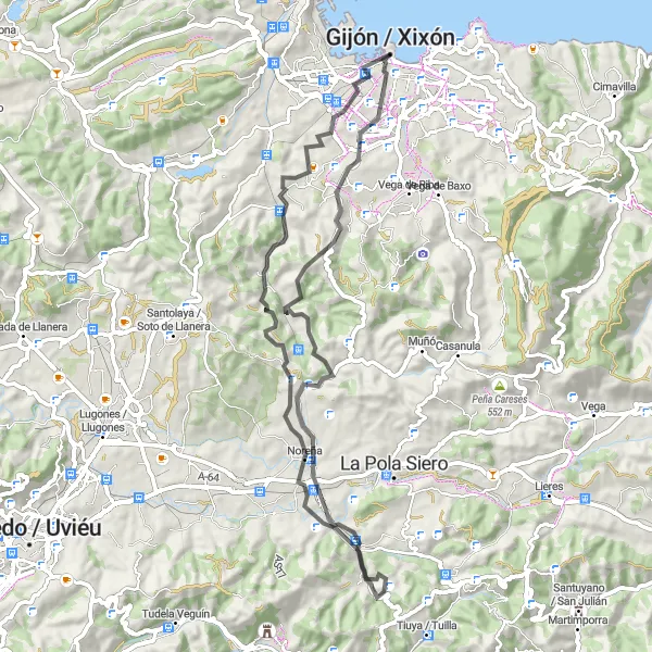 Miniatua del mapa de inspiración ciclista "Explorando Les Casadianes y Montevil" en Principado de Asturias, Spain. Generado por Tarmacs.app planificador de rutas ciclistas