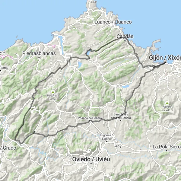 Map miniature of "Gijón Epic Road Route" cycling inspiration in Principado de Asturias, Spain. Generated by Tarmacs.app cycling route planner