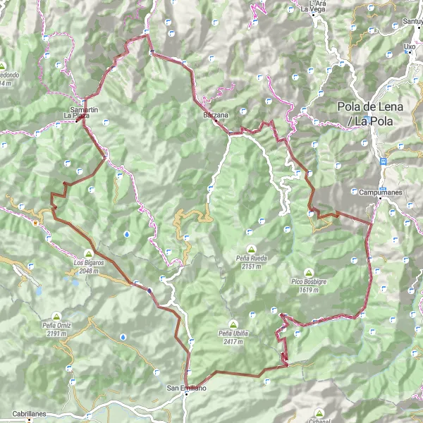 Miniatura della mappa di ispirazione al ciclismo "Avventuroso giro in mountain bike da La Plaza" nella regione di Principado de Asturias, Spain. Generata da Tarmacs.app, pianificatore di rotte ciclistiche